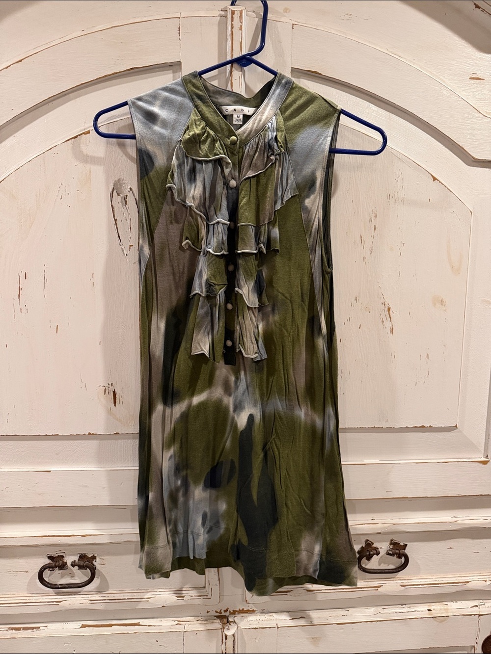 CAbi Olive Green & Gray Ruffle Front Sleeveless Tunic